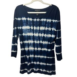 Inc International Concepts Tie Dye Sequined 3/4 Sleeve Top Navy White Size L